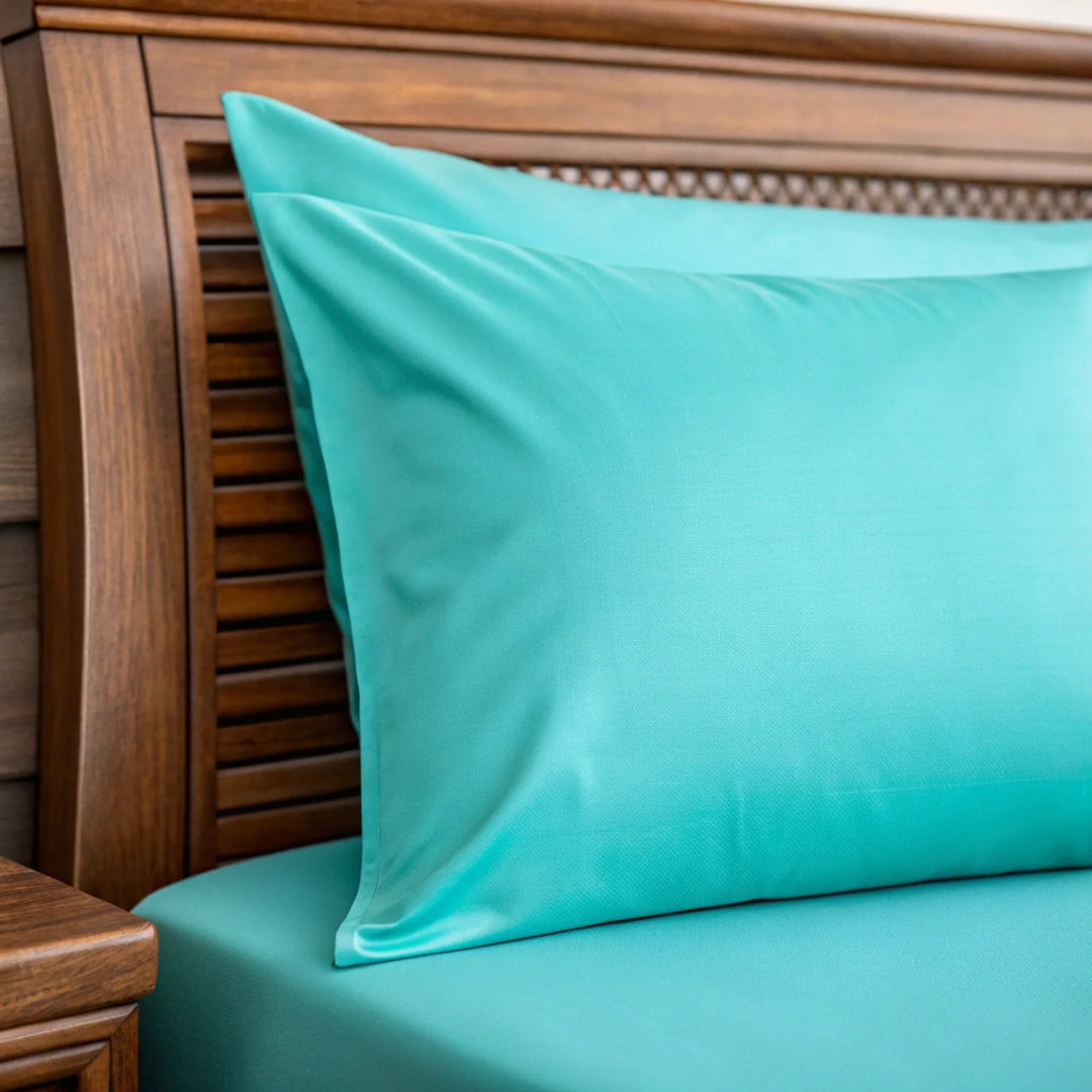 Tiffany blue bamboo sateen fabric close-up — the cooling weave used in the Toddler Pillowcase