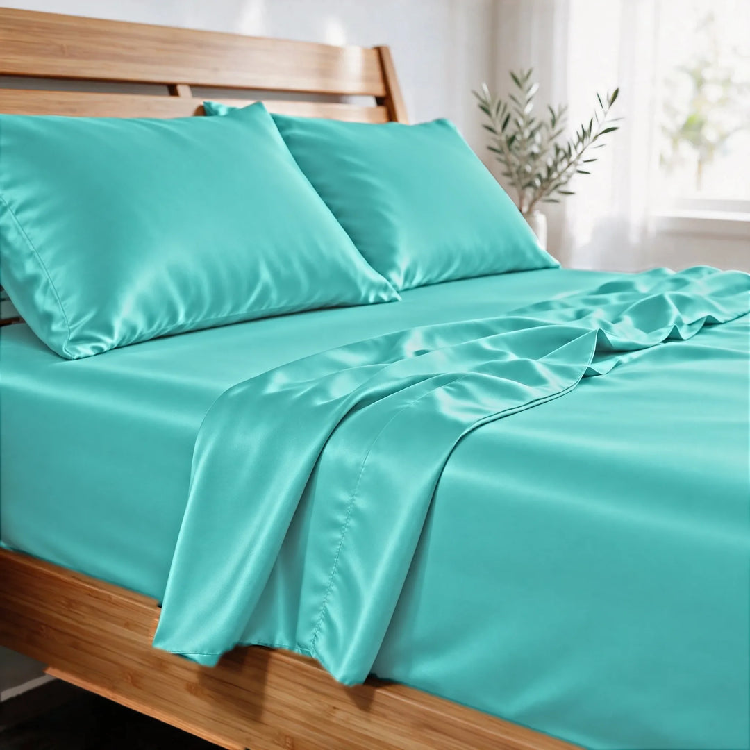 Tiffany Blue bamboo viscose sateen pillowcases close-up in morning light, showing the soft sheen