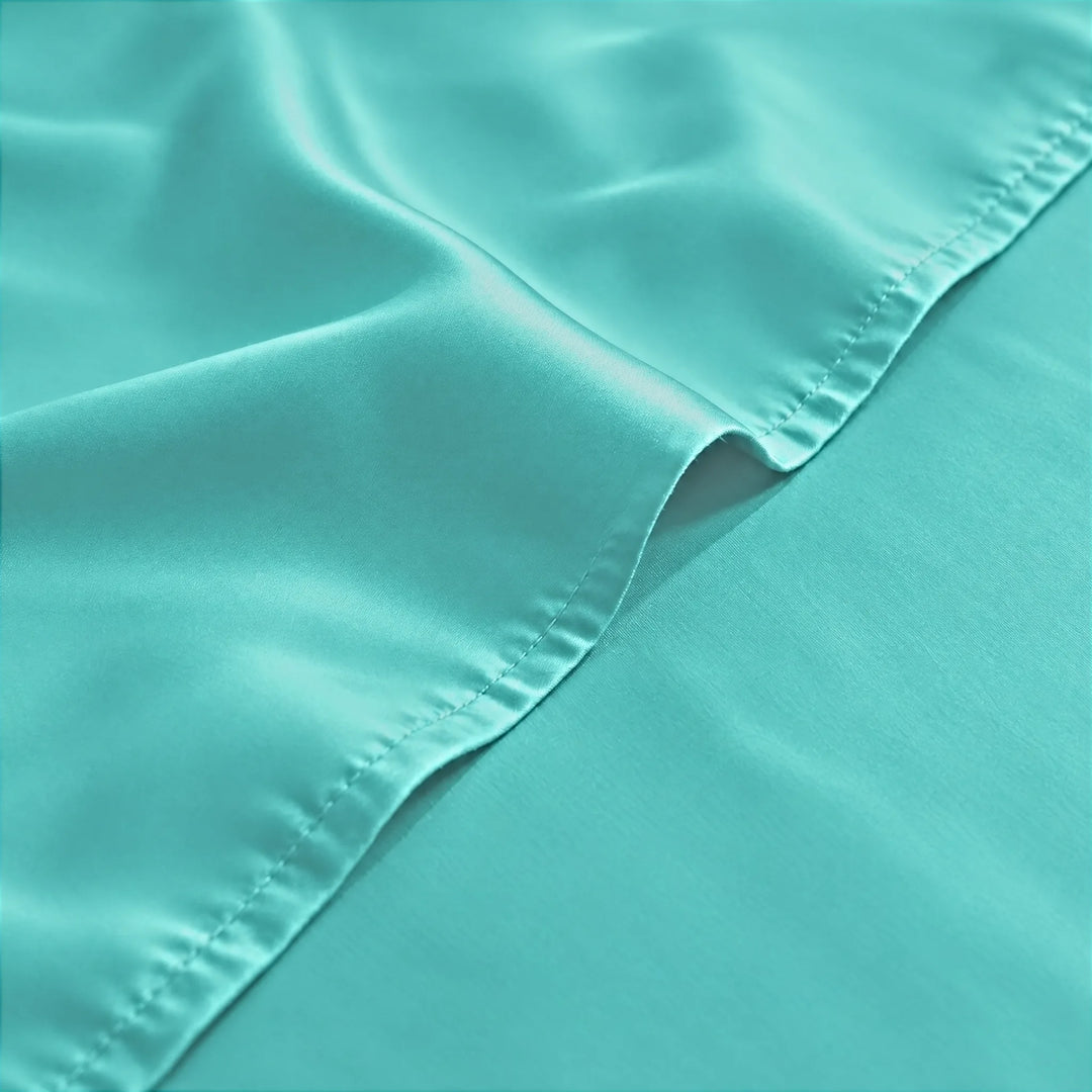 Tiffany Blue bamboo viscose sateen weave close-up with hem stitching