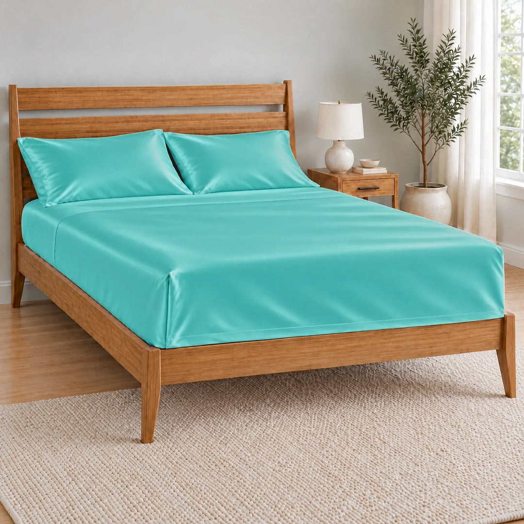 Tiffany Blue bamboo viscose flat sheet with a tucked hospital corner on a made bed, from the sheet set