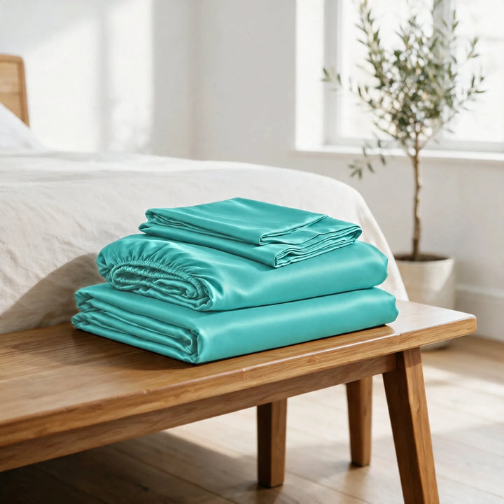 Tiffany Blue bamboo viscose sheet set folded on a bamboo bench: flat sheet, fitted sheet and pillowcases