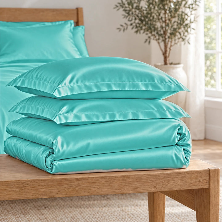 Tiffany Blue bamboo viscose Signature duvet cover and two shams, neatly folded in a stack on an oak bench