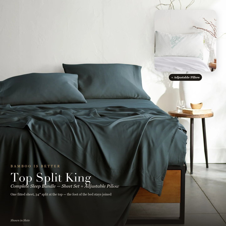 Top Split King Complete Sleep Bundle — cooling bamboo sheet set (shown in Slate) with the Adjustable Bamboo Cooling Pillow, one fitted sheet with a 34 inch top split, foot of the bed stays joined