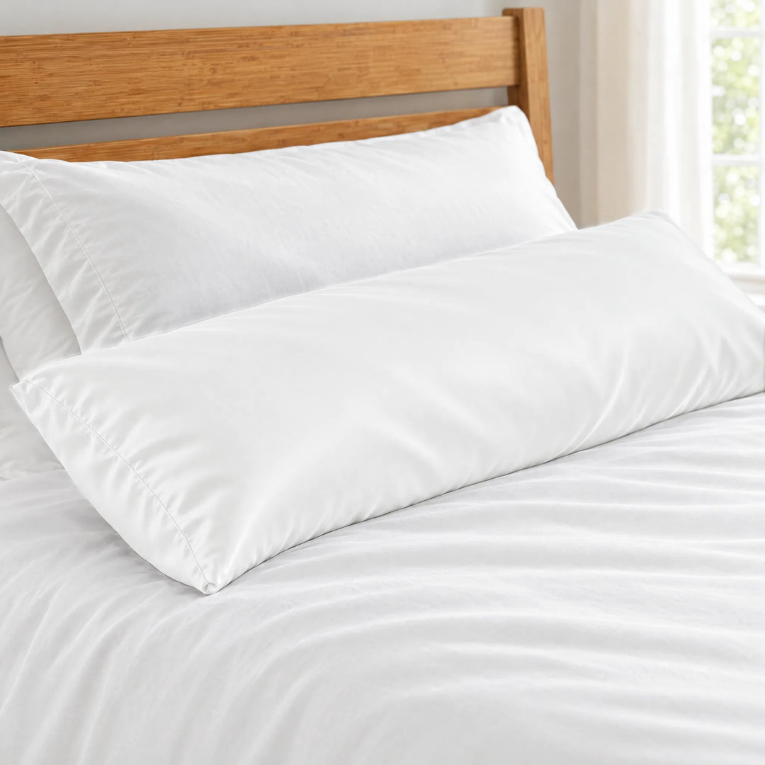 White bamboo viscose sateen body pillowcase close-up on a body pillow beside a white sleeping pillow, silky sateen finish