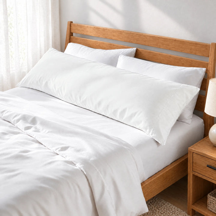 White bamboo viscose sateen body pillowcase along the headboard of a made bed, three-quarter view from the foot of the bed