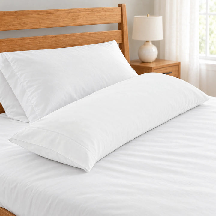 White bamboo viscose sateen body pillowcase close-up of the stitched hem beside a white pillow on a made bed, honey bamboo headboard and lamp in soft focus
