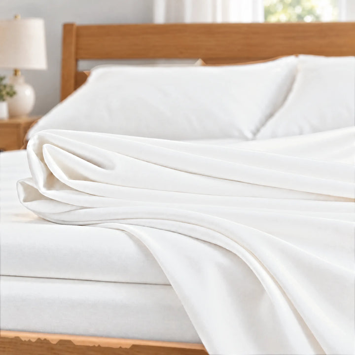 White bamboo viscose sateen fabric close-up of folded sheets and a body pillowcase, silky sateen finish