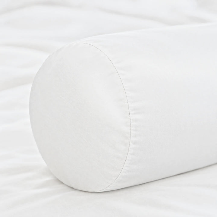 White bamboo viscose sateen bolster pillowcase, close-up of the smooth seamed end