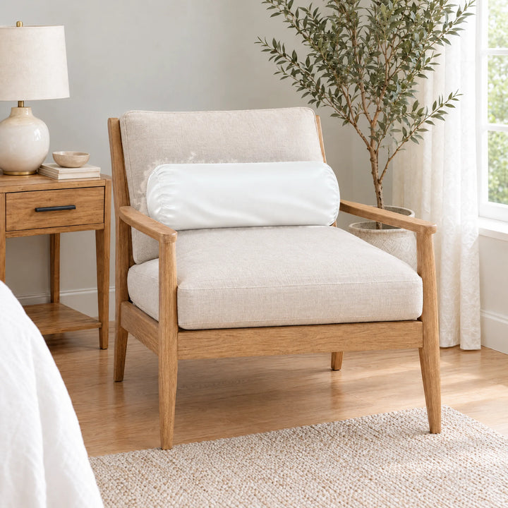 White bamboo viscose sateen bolster pillowcase on an oak armchair