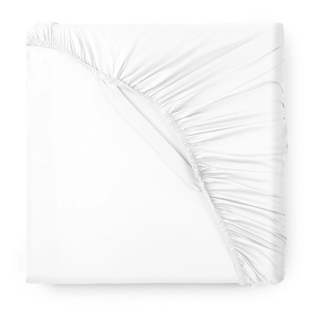 white bamboo sateen fitted sheet corner with white elastic strap, showing snug fit and smooth fabric texture