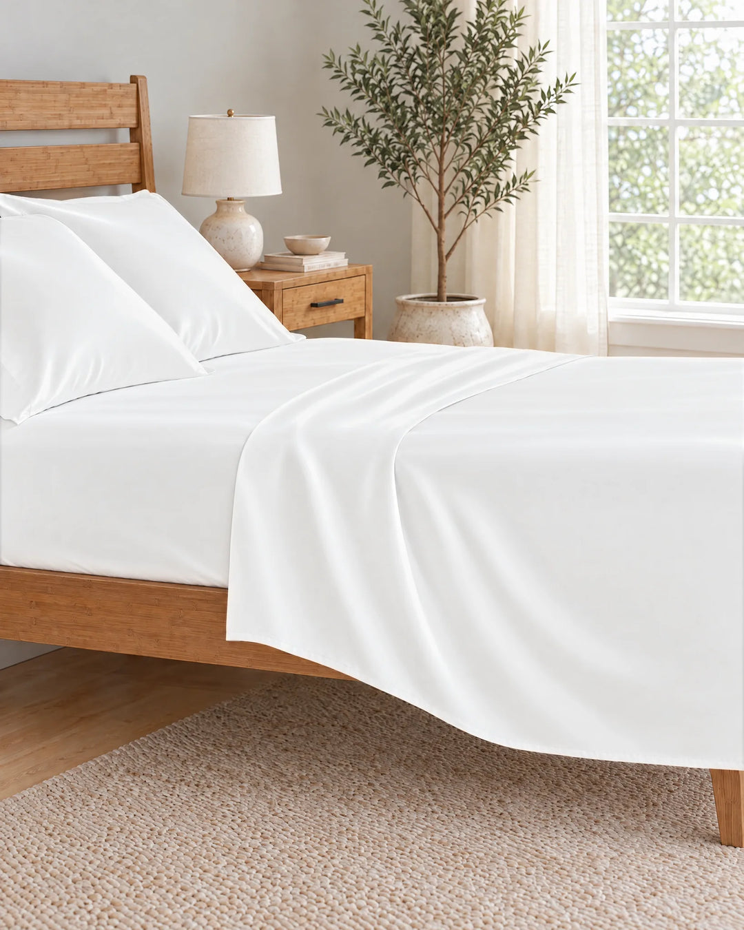 White bamboo viscose flat sheet pulled back in a soft morning drape over the mattress