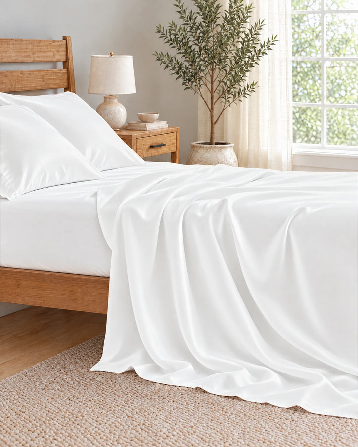 White bamboo viscose flat sheet cascading in deep soft folds down the side of the mattress