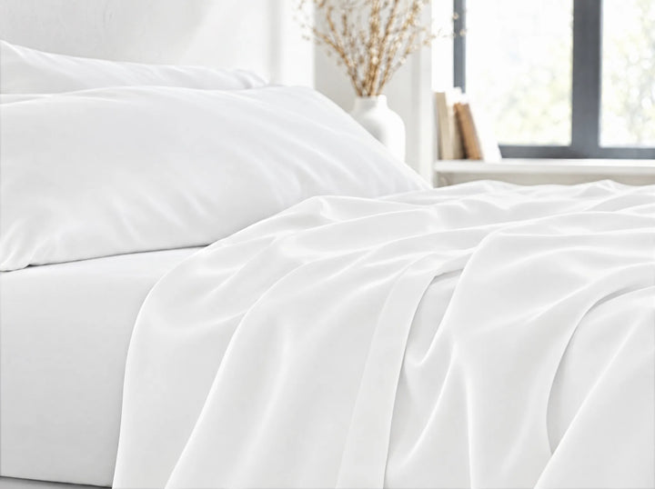 White bamboo viscose flat sheet close-up billowing over the mattress edge in relaxed sateen folds