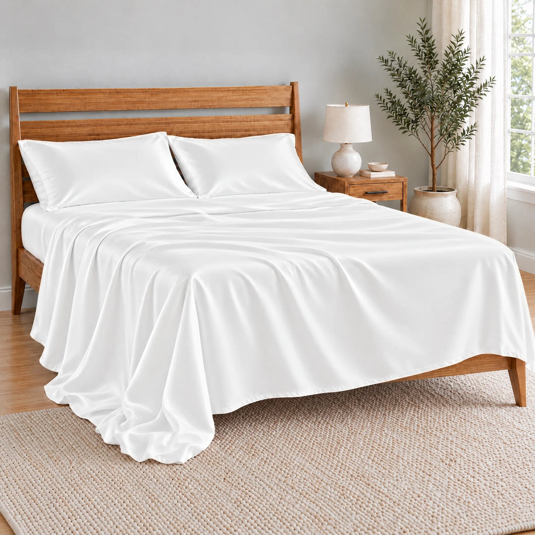 White bamboo viscose flat sheet oversized and relaxed, spilling over the side of the bed in soft folds