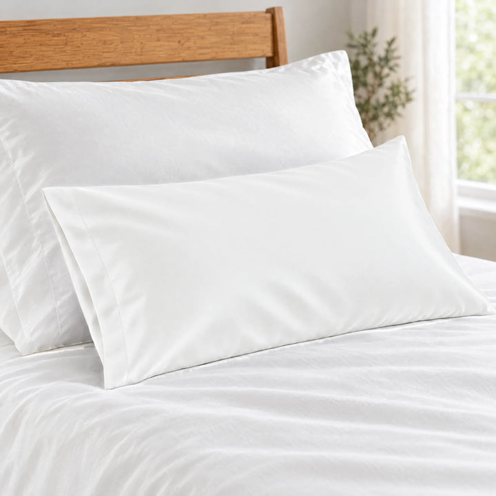 White bamboo viscose sateen lumbar pillowcase close-up on white bedding showing the silky sateen finish and stitched hem