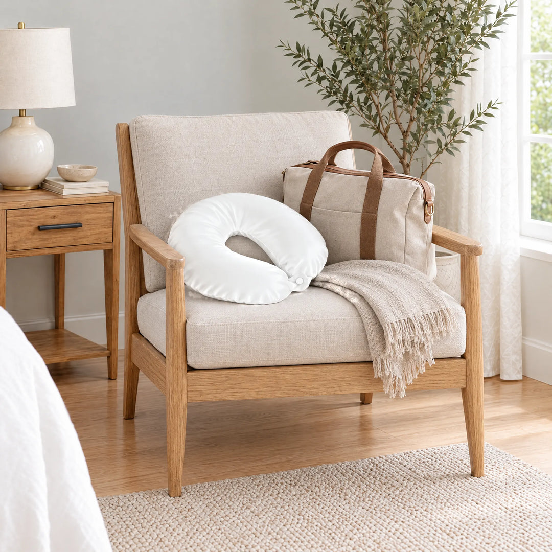 White bamboo viscose sateen neck pillowcase on an oak armchair beside a linen travel tote and throw