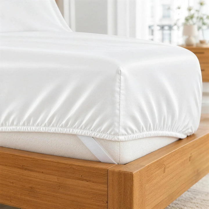 White bamboo viscose fitted sheet deep-pocket corner close-up with all-around elastic and a corner strap, from the sheet set