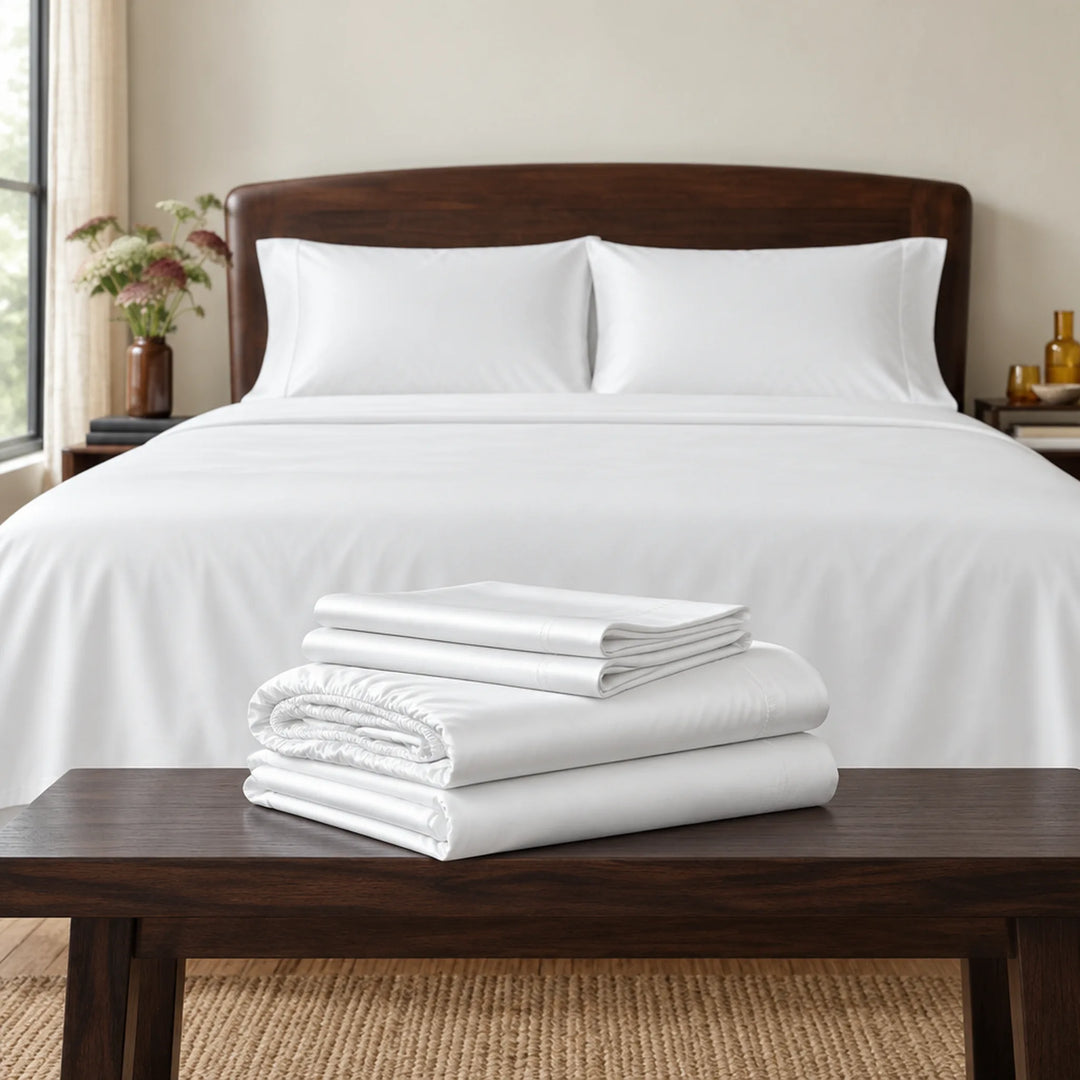 white bamboo viscose sheet set folded on a walnut bench: flat sheet, fitted sheet and pillowcases