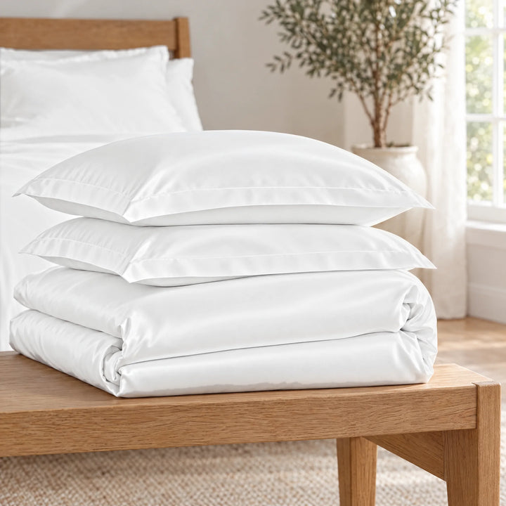 White bamboo viscose Signature duvet cover and two shams, neatly folded in a stack on an oak bench