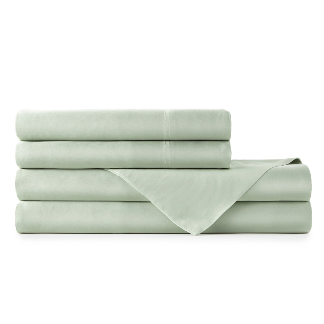 Sage bamboo sheet set from the Premium Collection, including pillowcases, flat sheet, and rolled fitted sheet 