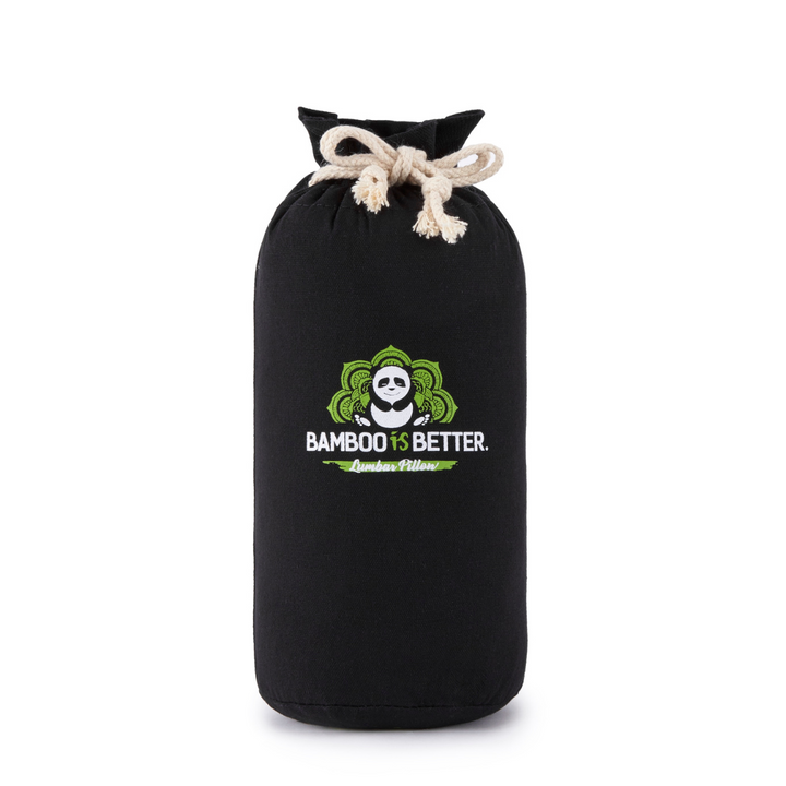 Bamboo lumbar pillow with compact travel bag for easy portability during travel or commutes.