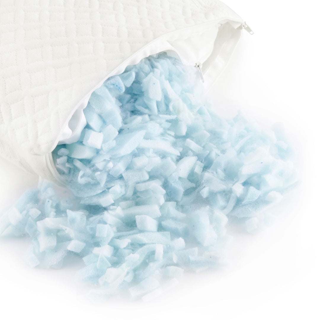 Adjustable bamboo pillow with shredded memory foam fill, offering personalized support and breathable comfort.