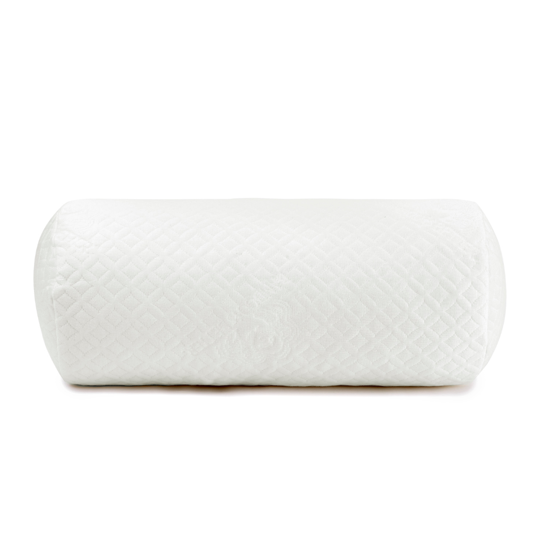 Cooling bamboo bolster pillow with ergonomic design for neck and back support.