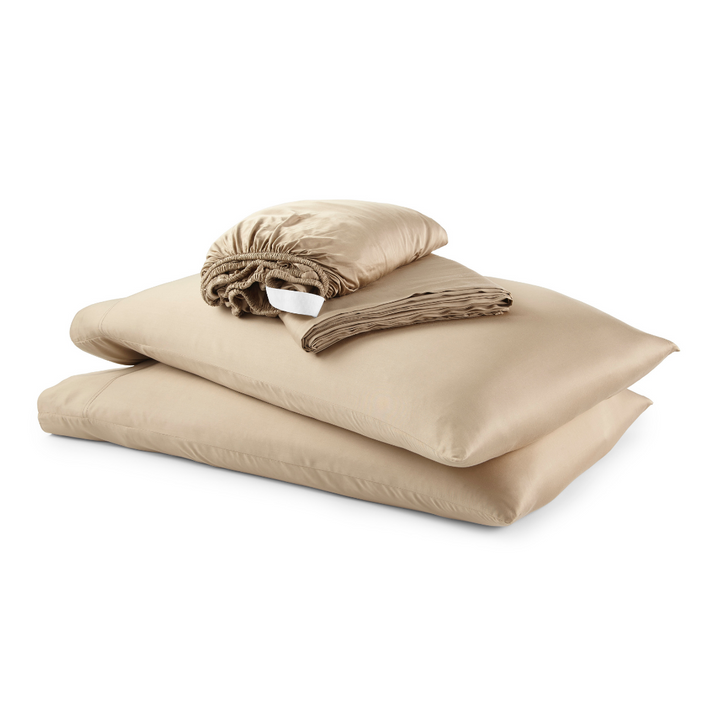 taupe bamboo sheet set from the Signature Collection, including pillowcases, flat sheet, and rolled fitted sheet with elastic band